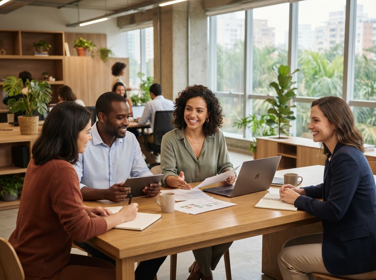 Renditária — equipe analisando dados de mercado em ambiente de trabalho